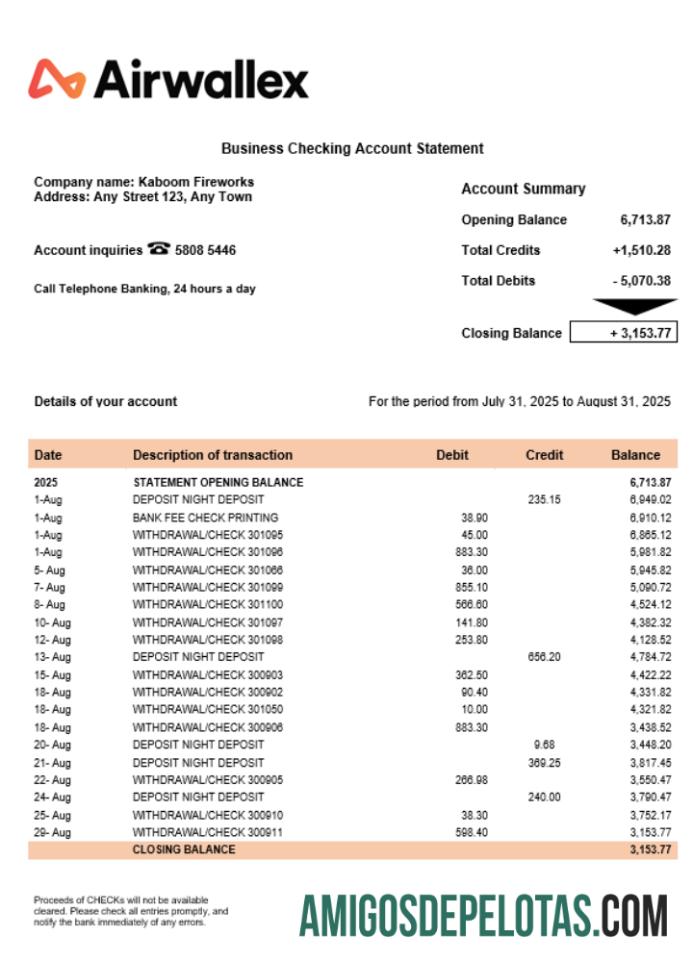 Airwallex Limited Organização Verificando extrato de conta em formato Word e PDF exemplo real